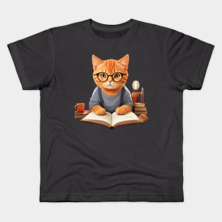 Nerd ginger cat reading book wearing glasses Kids T-Shirt